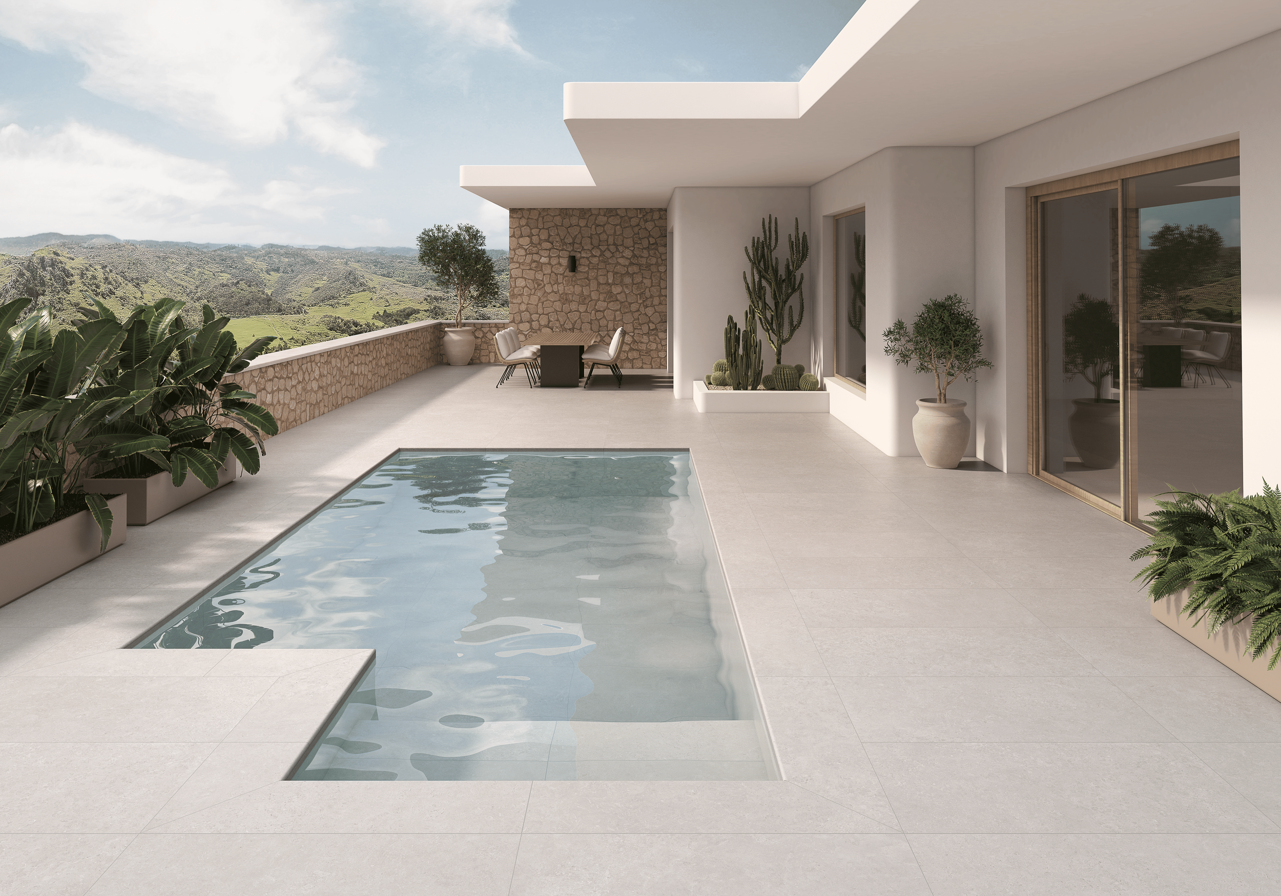 Vue d'une terrasse avec une piscine, plusieurs plantes en pot, un mobilier de table et chaises, et vue sur des collines verdoyantes et le ciel.