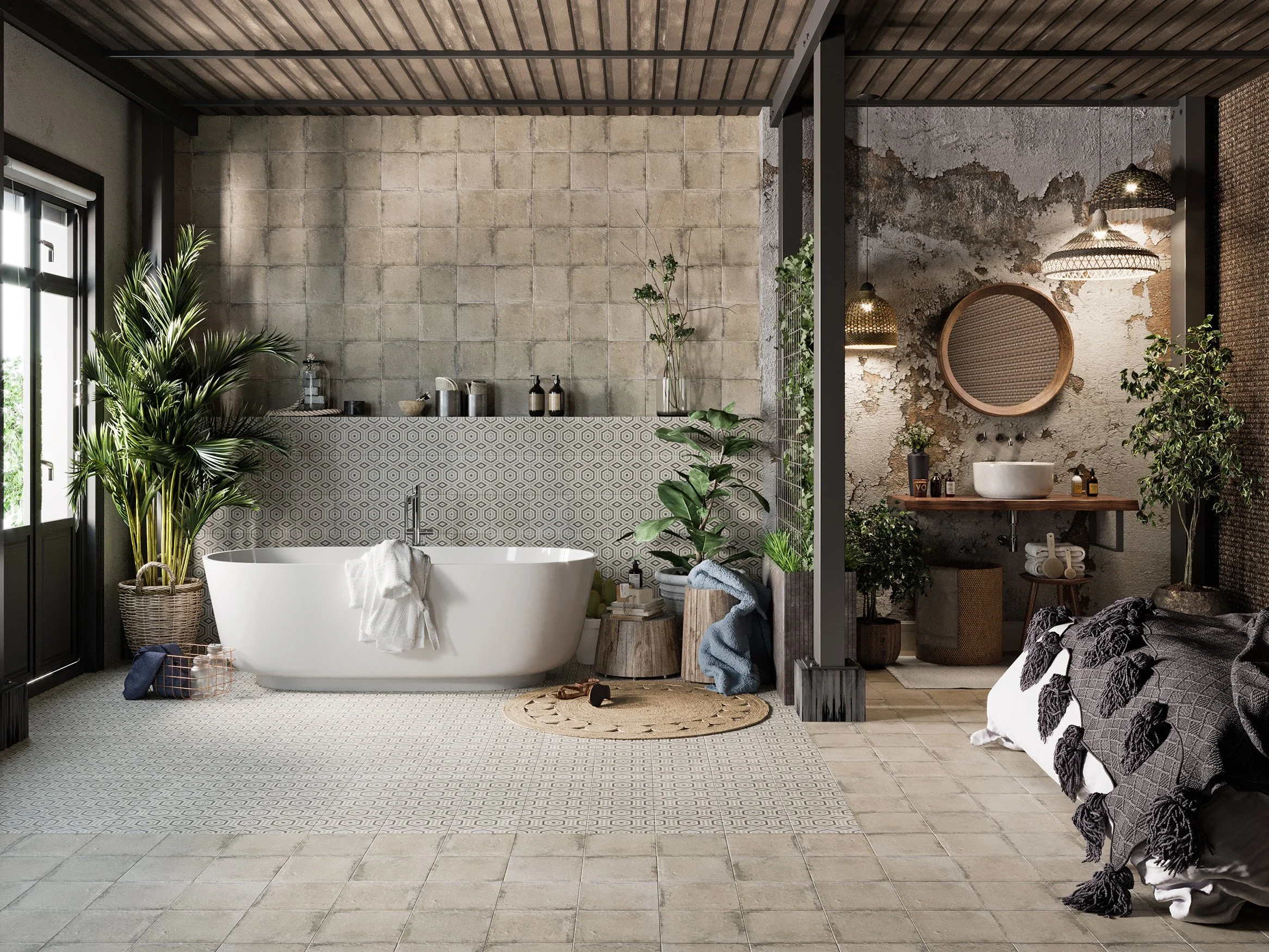 Une salle de bain moderne avec une baignoire, plantes vertes, et un mur en briques apparentes. Il y a aussi un lavabo rond avec miroir personnalisé et lampes suspendues en osier.