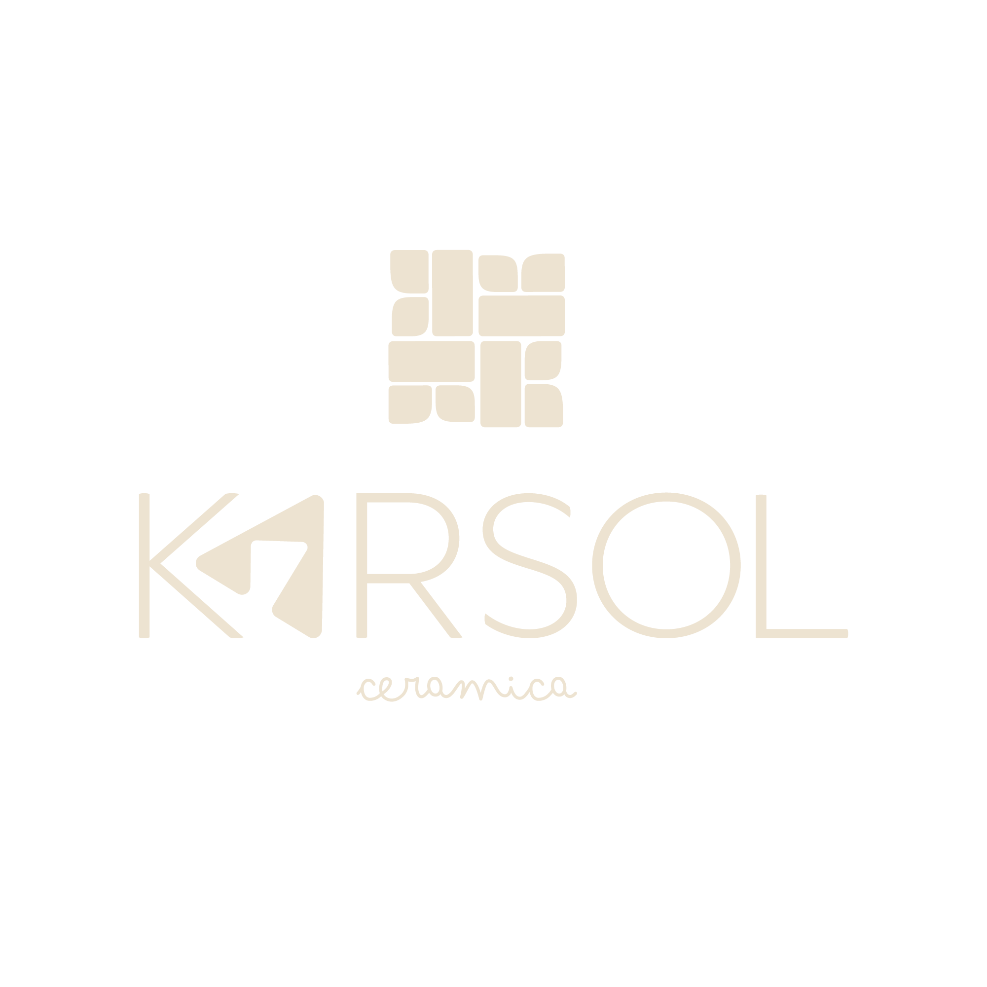 Logo de la marque 'Karsol' avec un motif de tuiles en céramique beige clair sur fond noir, texte 'ceramica' en cursif en bas.