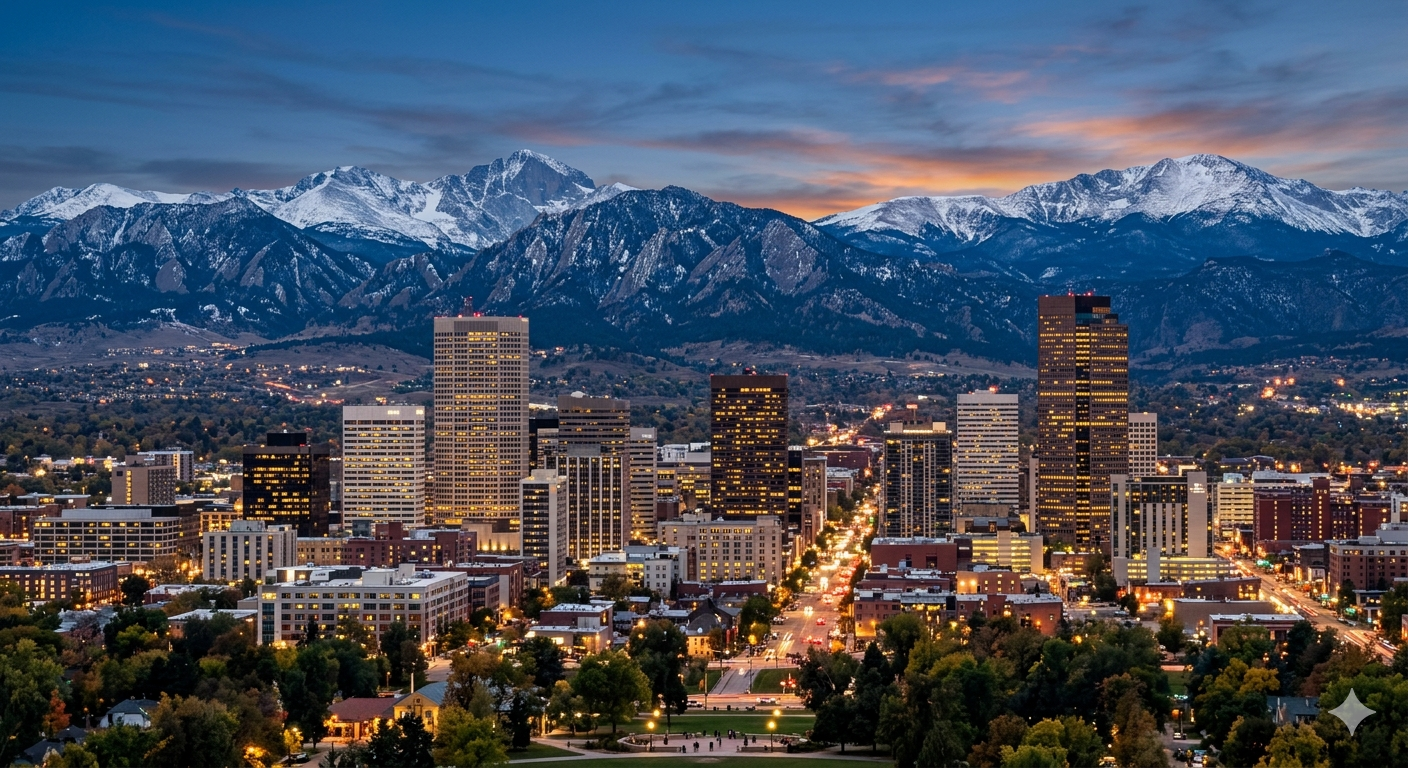Denver City skyline with Rocky Mountains in the background at sunset.