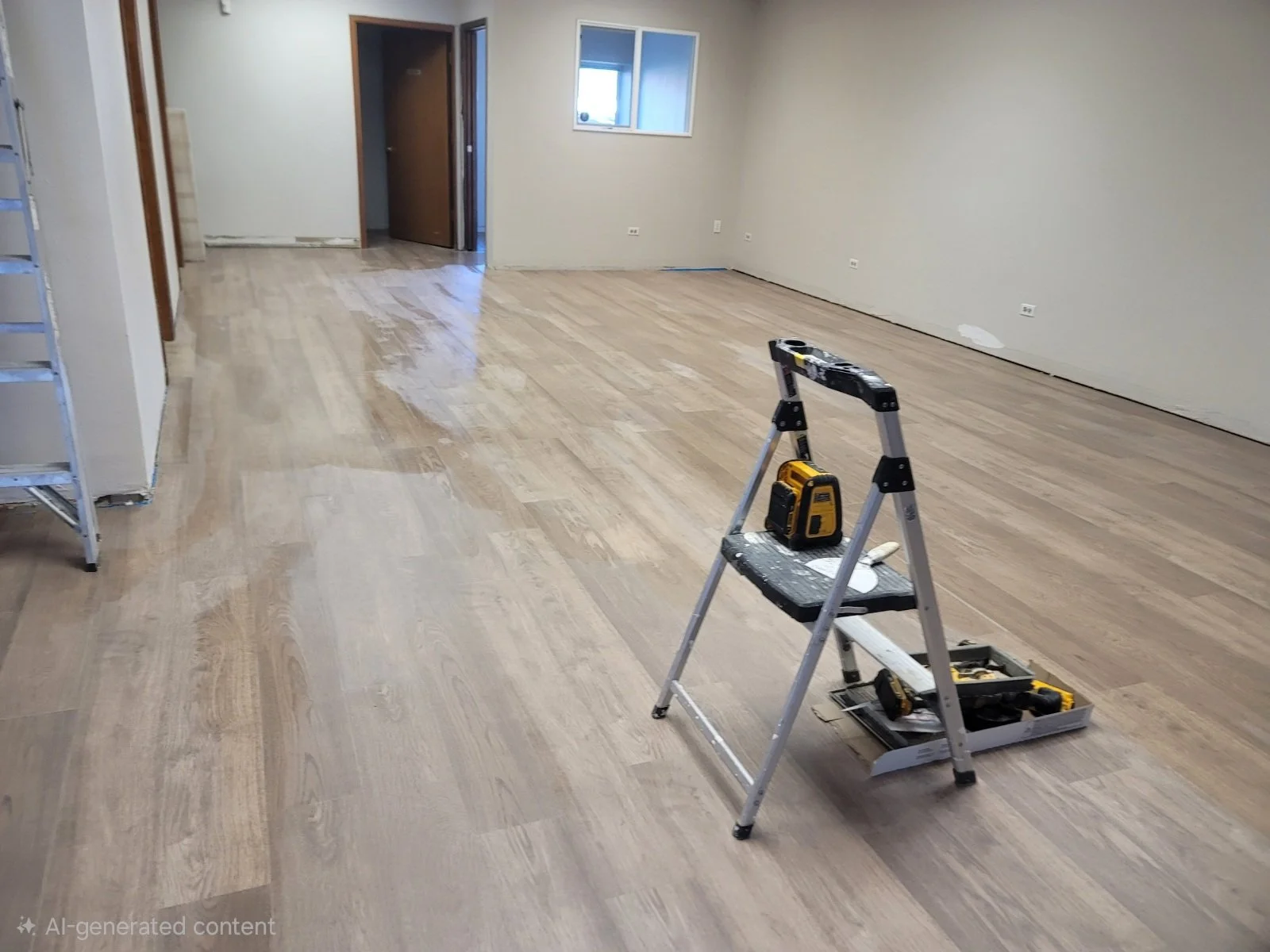 Room with hardwood flooring, some of which has been sanded or refinished, a step ladder with tools and a drill on it, and an unfinished look indicating ongoingflooring renovation.