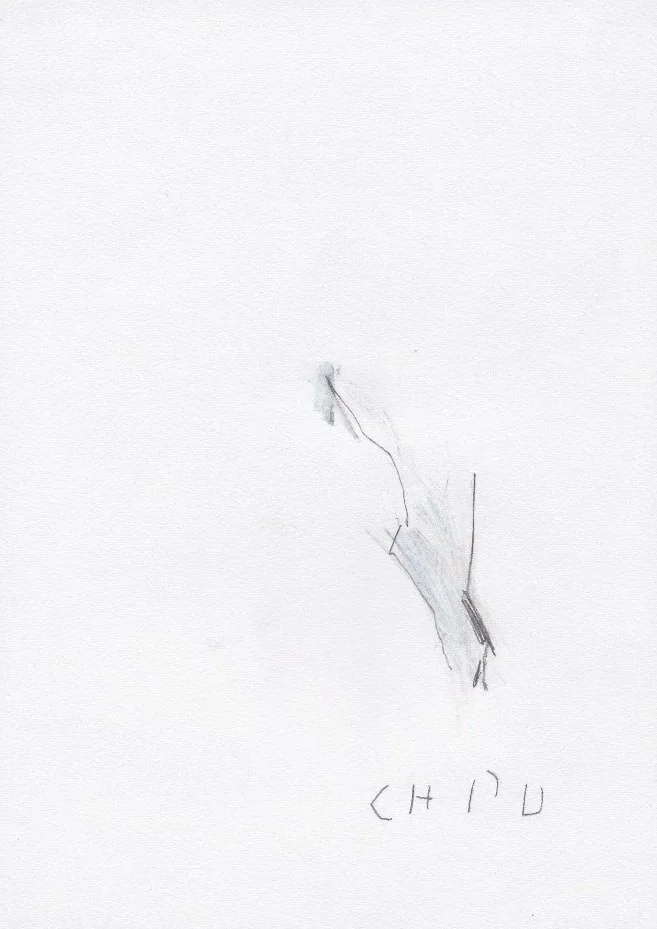 A simple, abstract drawing of a human figure standing with arms raised, with some hair streaks, and the word 'CHLD' written below.