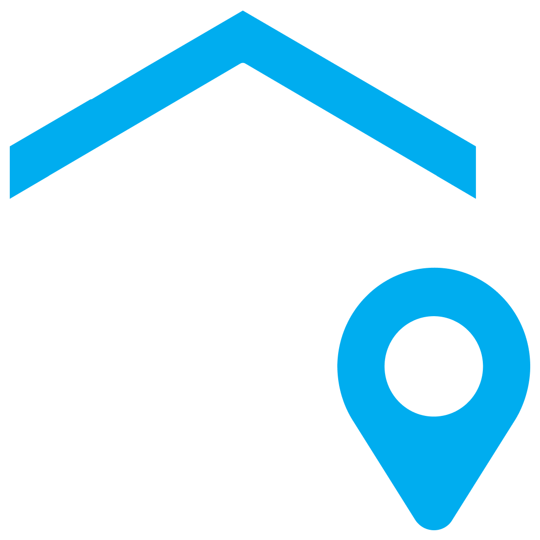 Icon of a house with a roof, a window, and a door, combined with a location pin symbol.