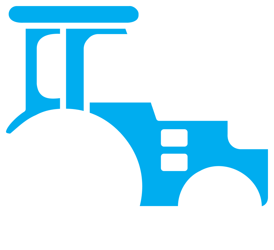 Stylized icon of a blue tractor with large black wheels and a white outline.