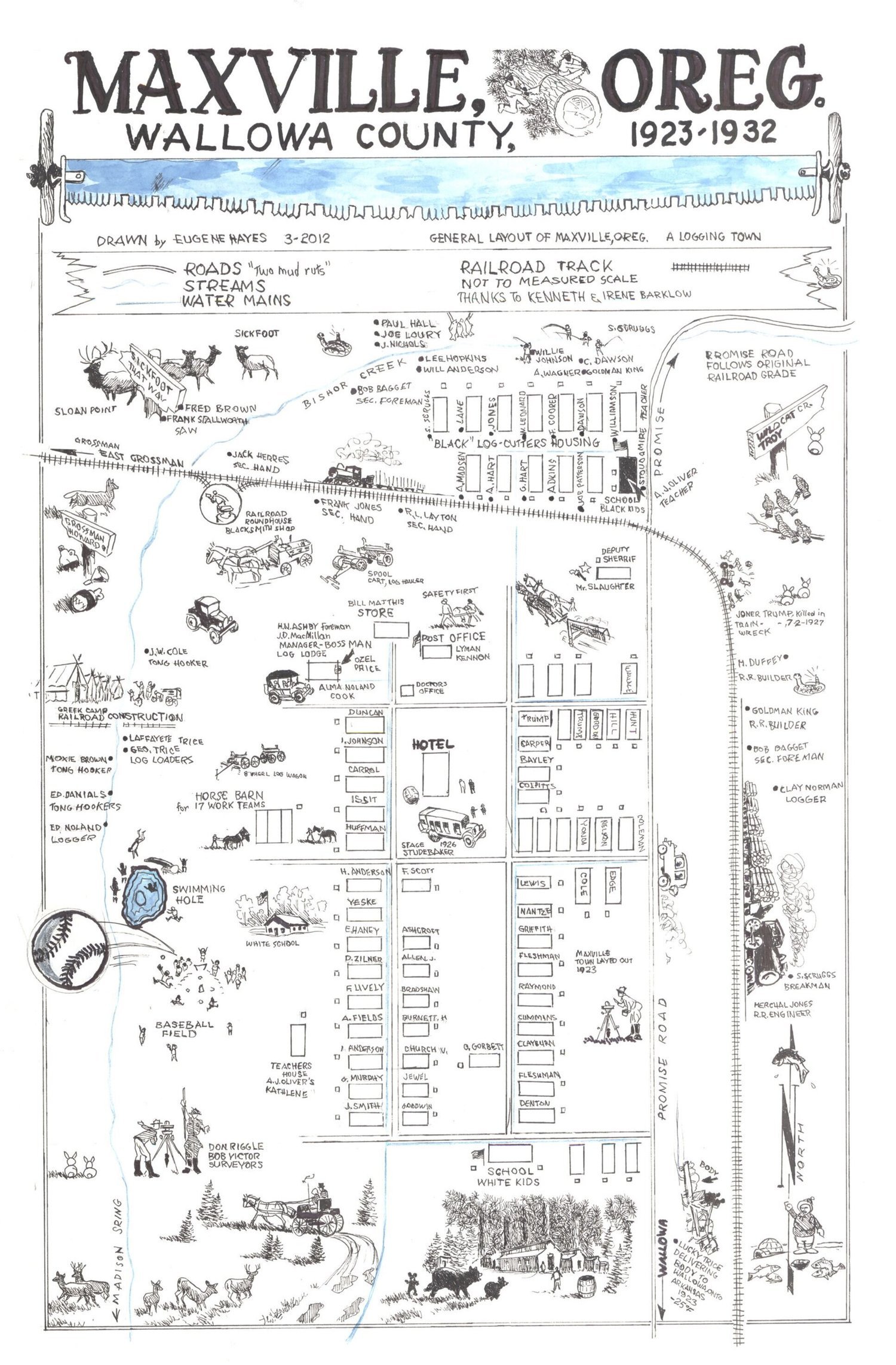 Map of Maxville, Oregon in Wallowa County from 1923-1932, showing roads, streams, water mains, buildings, landmarks like the baseball field, school, and various labelled areas, with illustrations of horses, wagons, trees, and people.