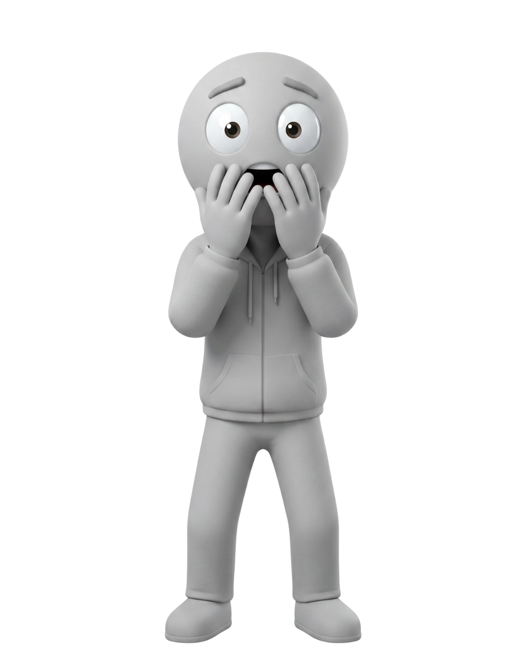 Figura animada de un personaje animado con expresión de susto, cubriéndose la boca con las manos, vestido con sudadera gris y pantalones del mismo color.