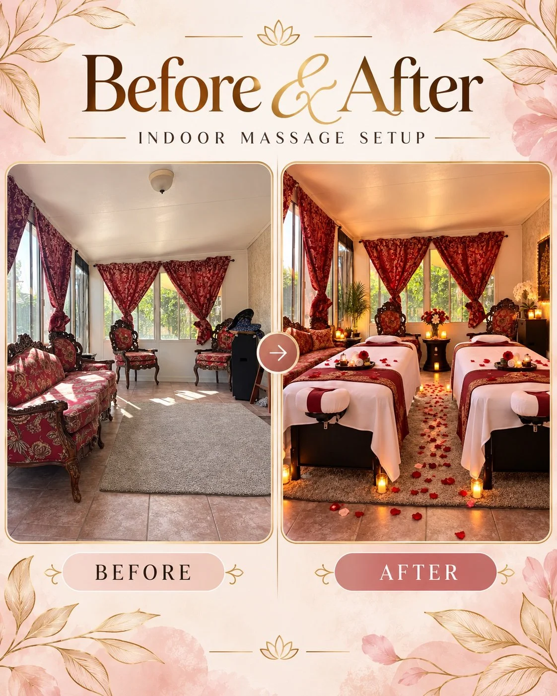 Comparison of a room before and after a makeover shows an indoor massage setup with a cozy, decorated space featuring red curtains, chairs, a sofa, and floral decor, with the after image highlighting romantic lighting, flower petals, candles, and two massage beds.