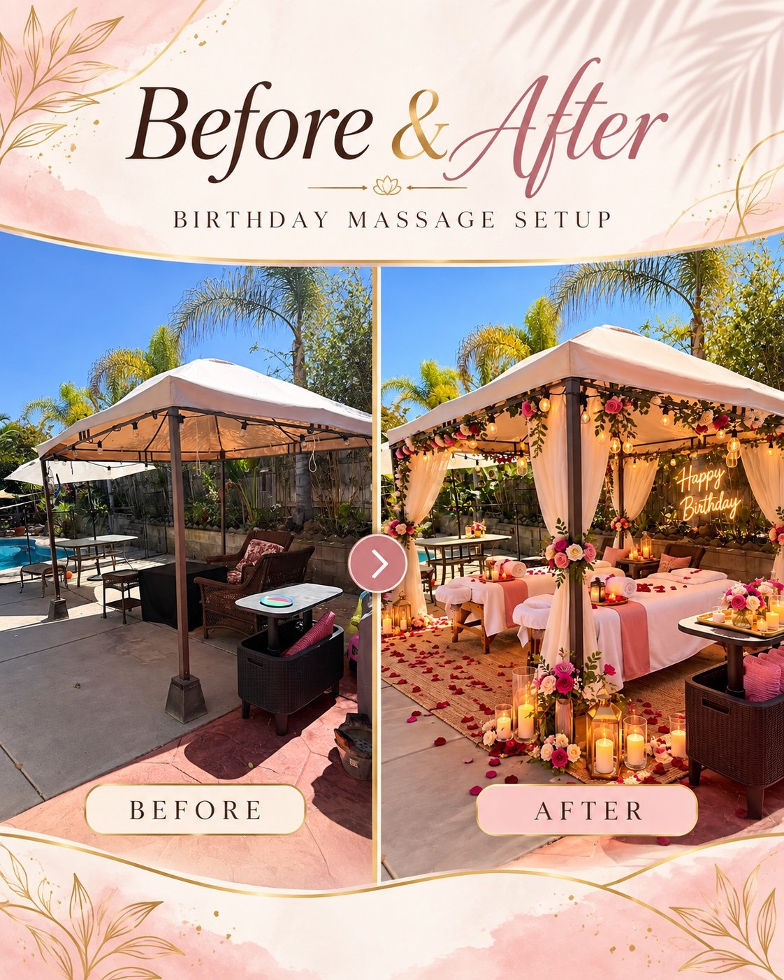 Comparison of outdoor birthday setup before and after decoration. The 'before' image shows a basic patio with a canopy, furniture, and a pool, while the 'after' image displays a decorated space with flowery drapes, candles, a 'Happy Birthday' sign, and rose petals.