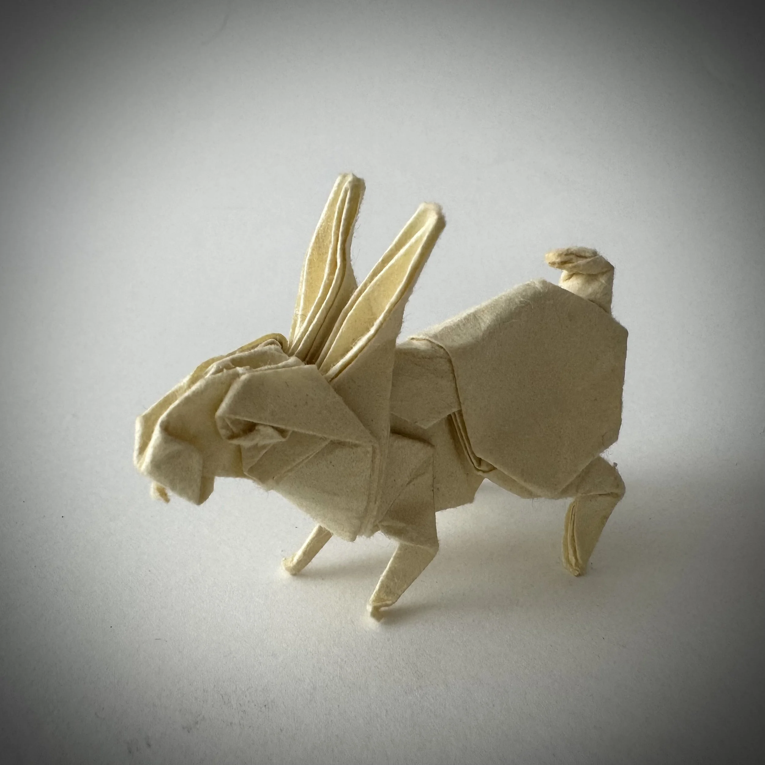 A rabbit, folded from Washi paper. Soft enough to feel alive, strong enough to stand on his own two feet.