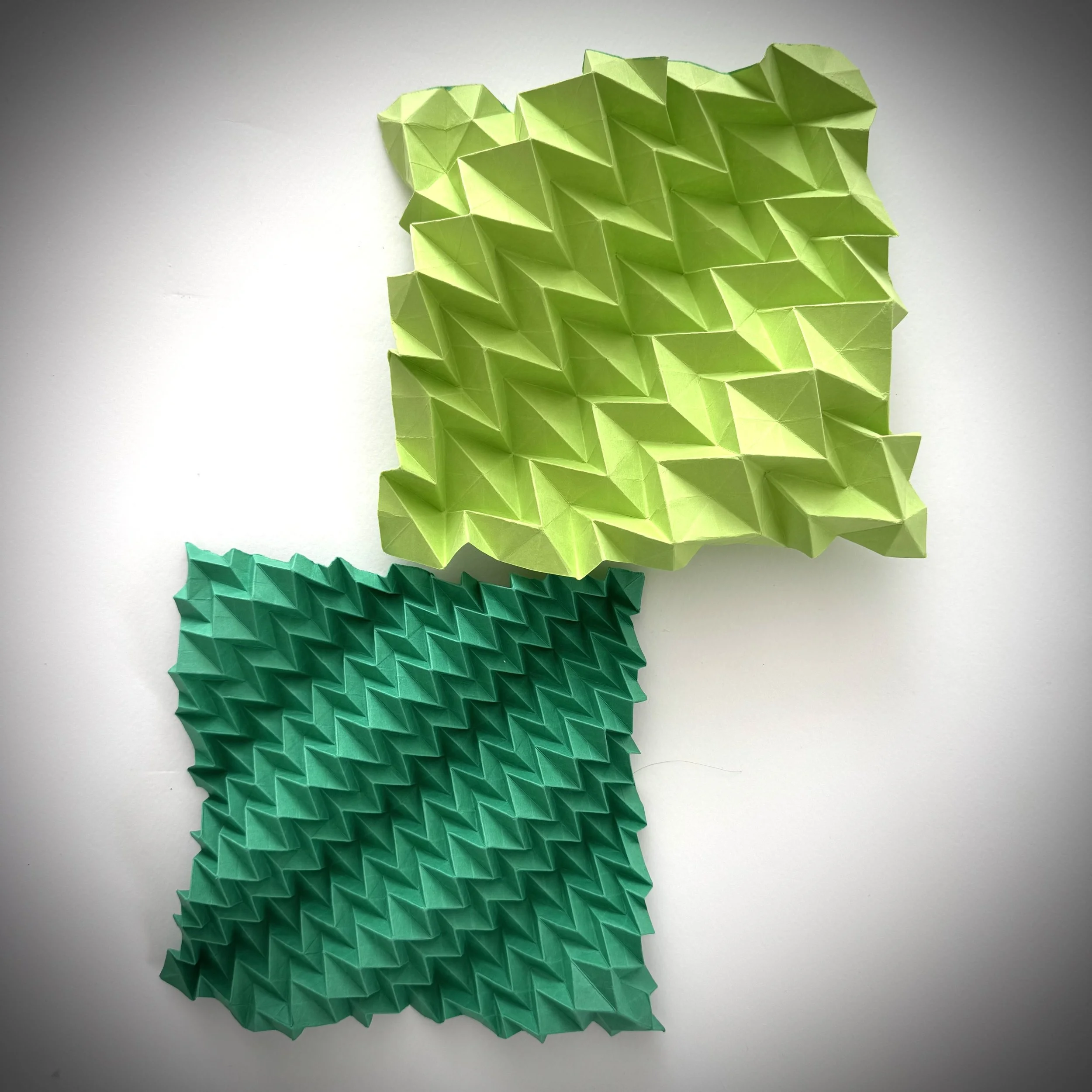 This is the foundation of Miura-ori. I folded this pattern again and again, hundreds of times. It is like Beyer exercises for piano — repetitive, unglamorous, but everything begins here.