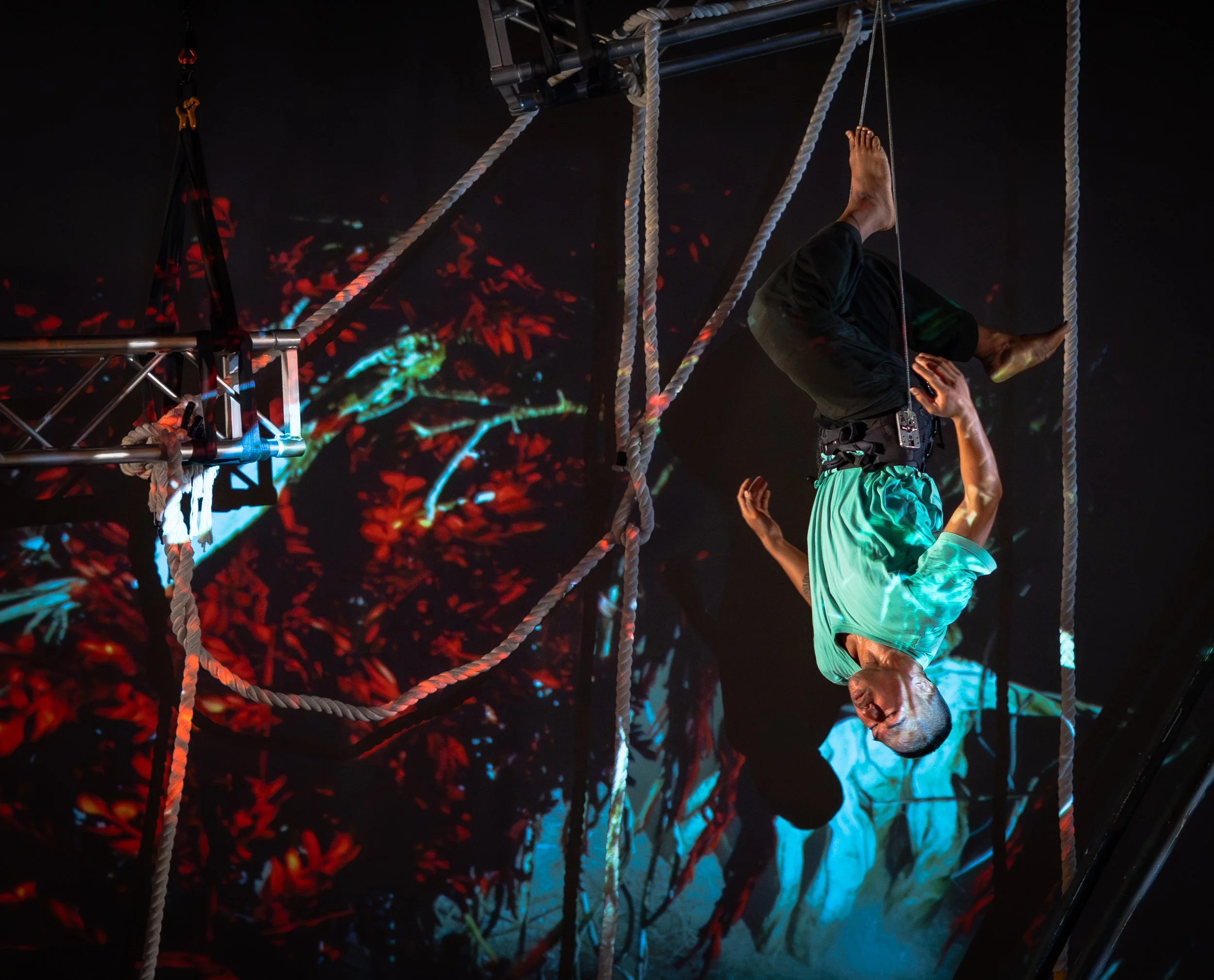 A tightrope walker in a green outfit balancing on a rope during a performance, with ropes and stage equipment visible, against a dark background with colorful lights and patterns.
