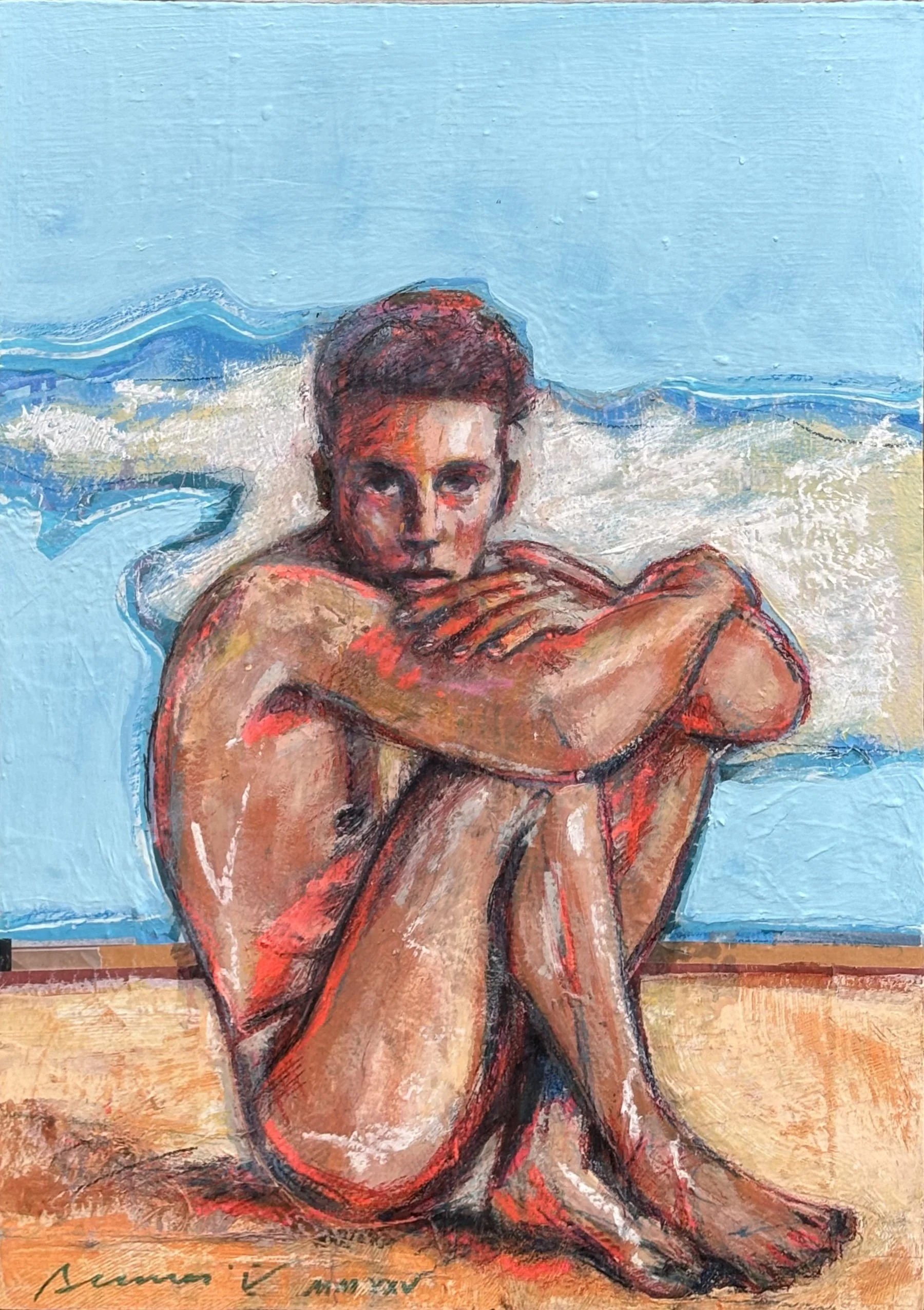 ACHILLES AKA ROUQUIN À LA PLAGE //
Mixed media on wood panel //
42 cm x 59.5 cm x 2 cm //
MMXXV