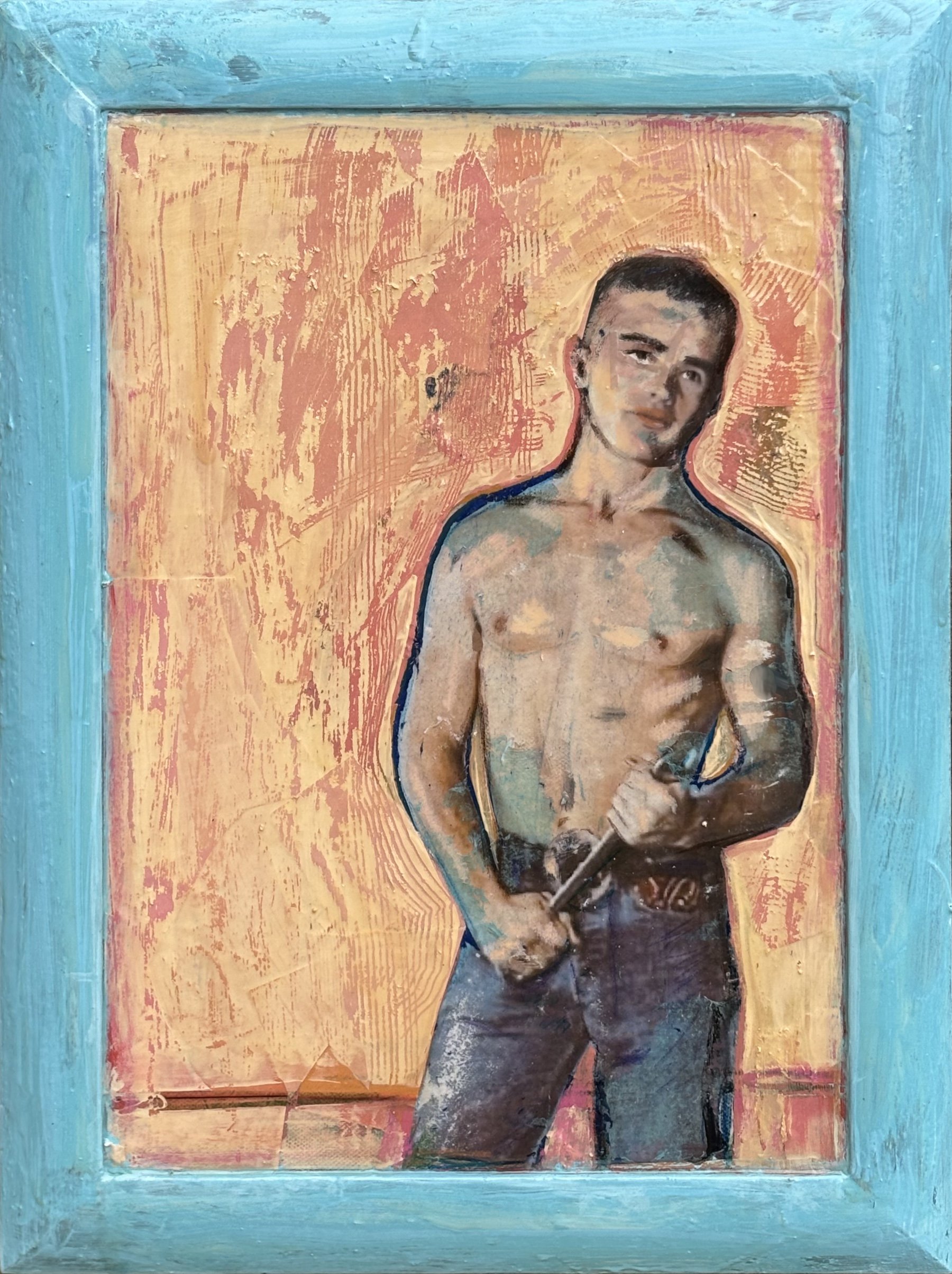 Mixed-media artwork featuring a young man with short hair, looking slightly to the side, outlined with a dark line, set against a background with warm hues and abstract textures, framed by a broad turquoise border.
