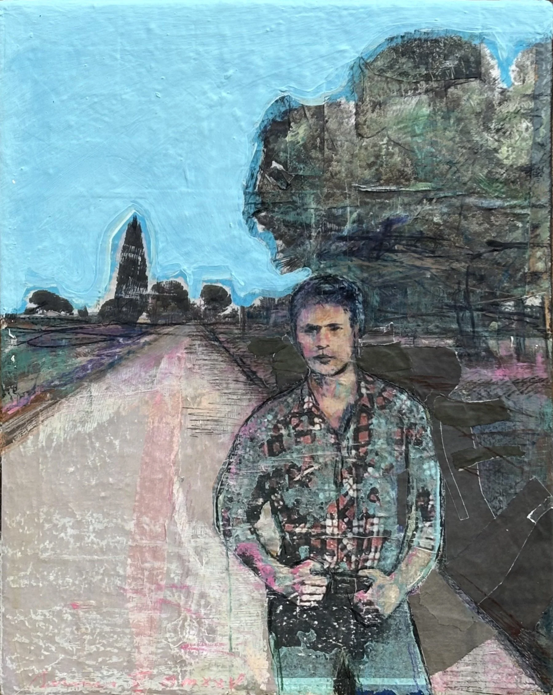 ON THE ROAD AKA THE BUCKLE 2 //
Mixed media on wood panel //
37 cm x 46.5 cm 5.5 cm //
MMXXV