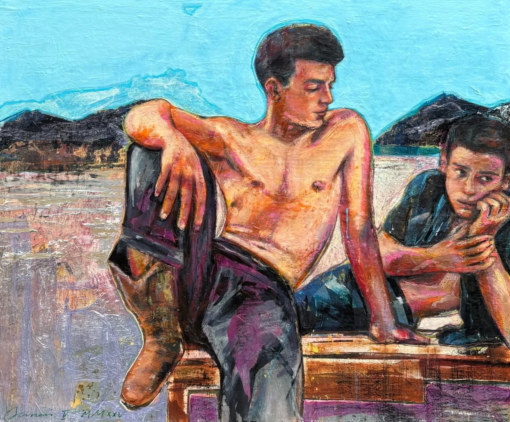 Painting of a shirtless young man with dark hair, sitting with elbow resting on knee, with two other young men nearby, outdoors with mountainous landscape and blue sky in background.
