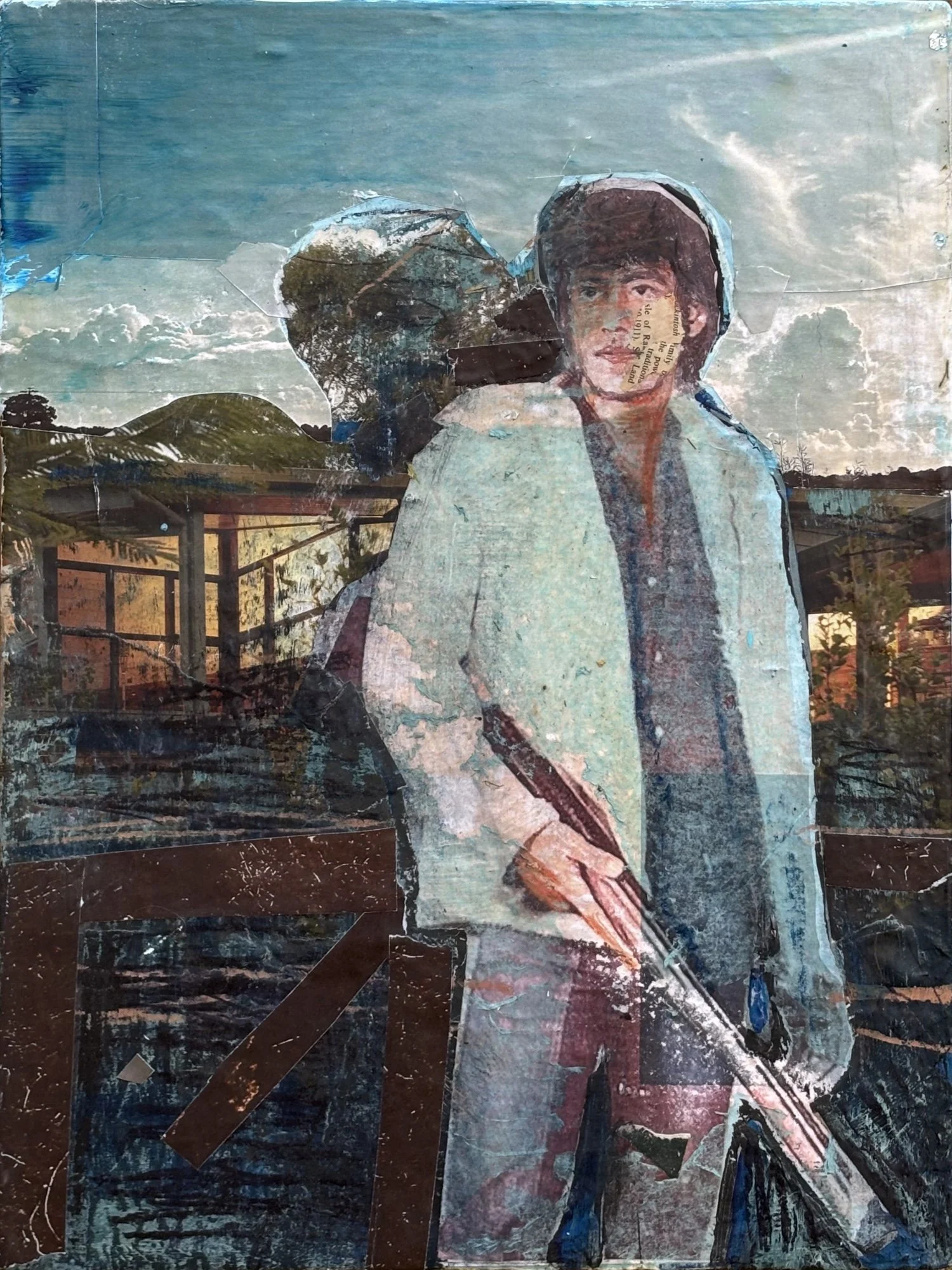 SHOTGUN AT DAWN //
Mixed media on wood panel //
30 cm x 40 cm x 3 cm //
MMXXV