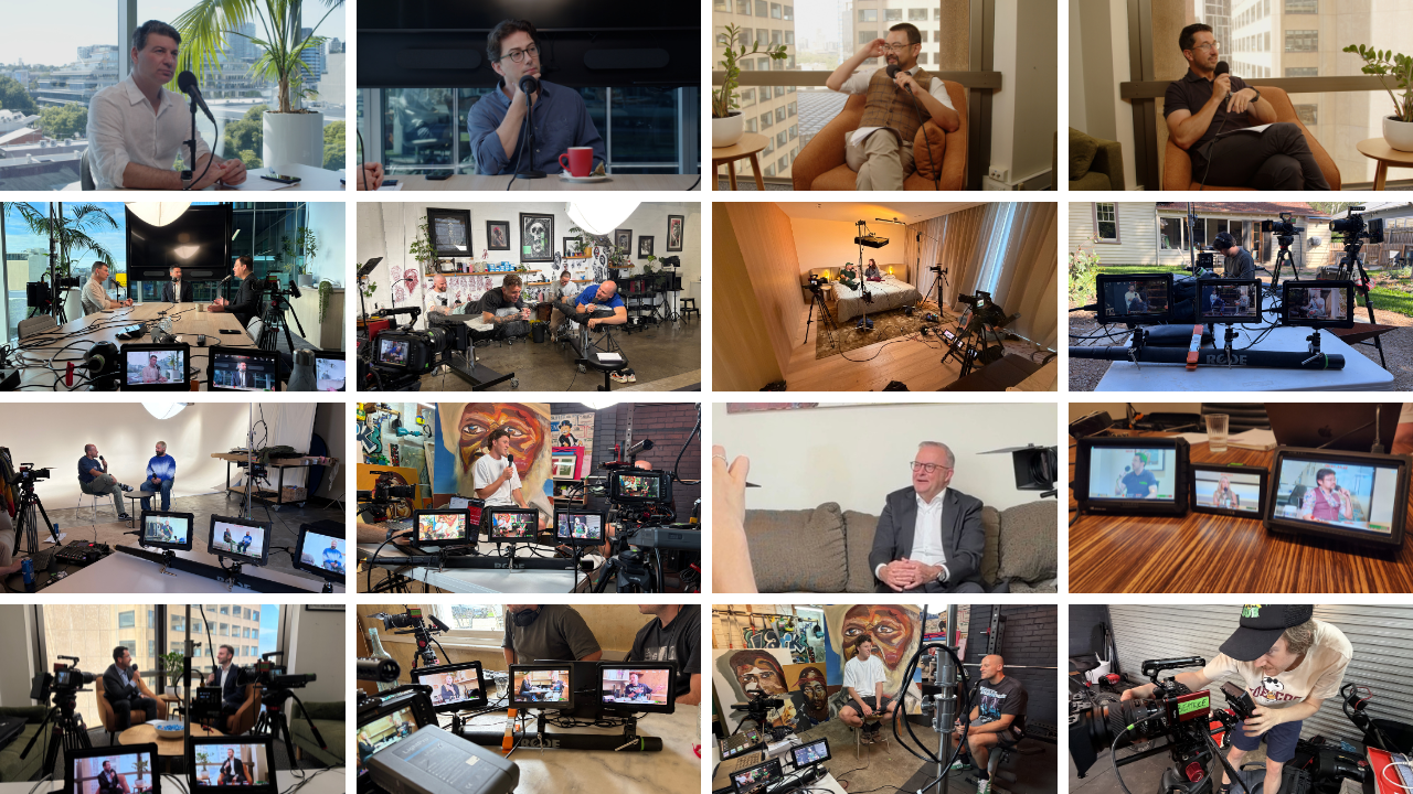 A collage of behind-the-scenes footage from various video and film production setups, including interview recordings, camera equipment, crew at work, and indoor and outdoor filming environments.