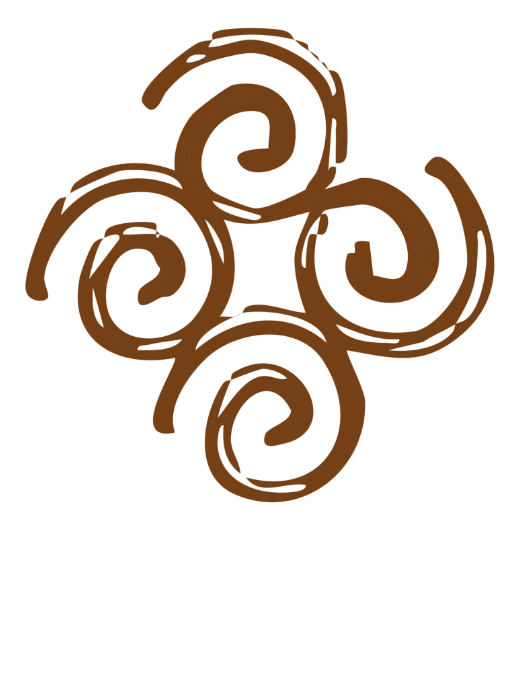 Dessins de spirales marron sur fond noir.