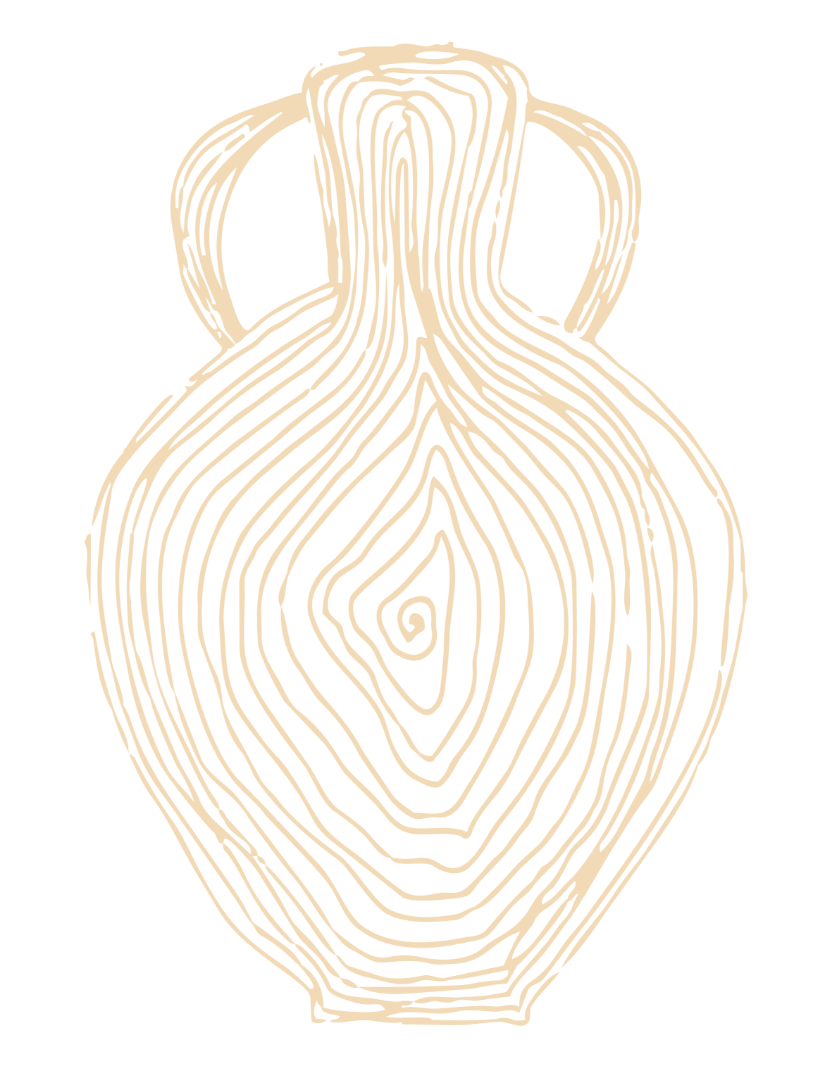 Illustration d'une bouteille stylisée composée de lignes ressemblant à des cernes d'arbre, en couleur beige sur fond noir.