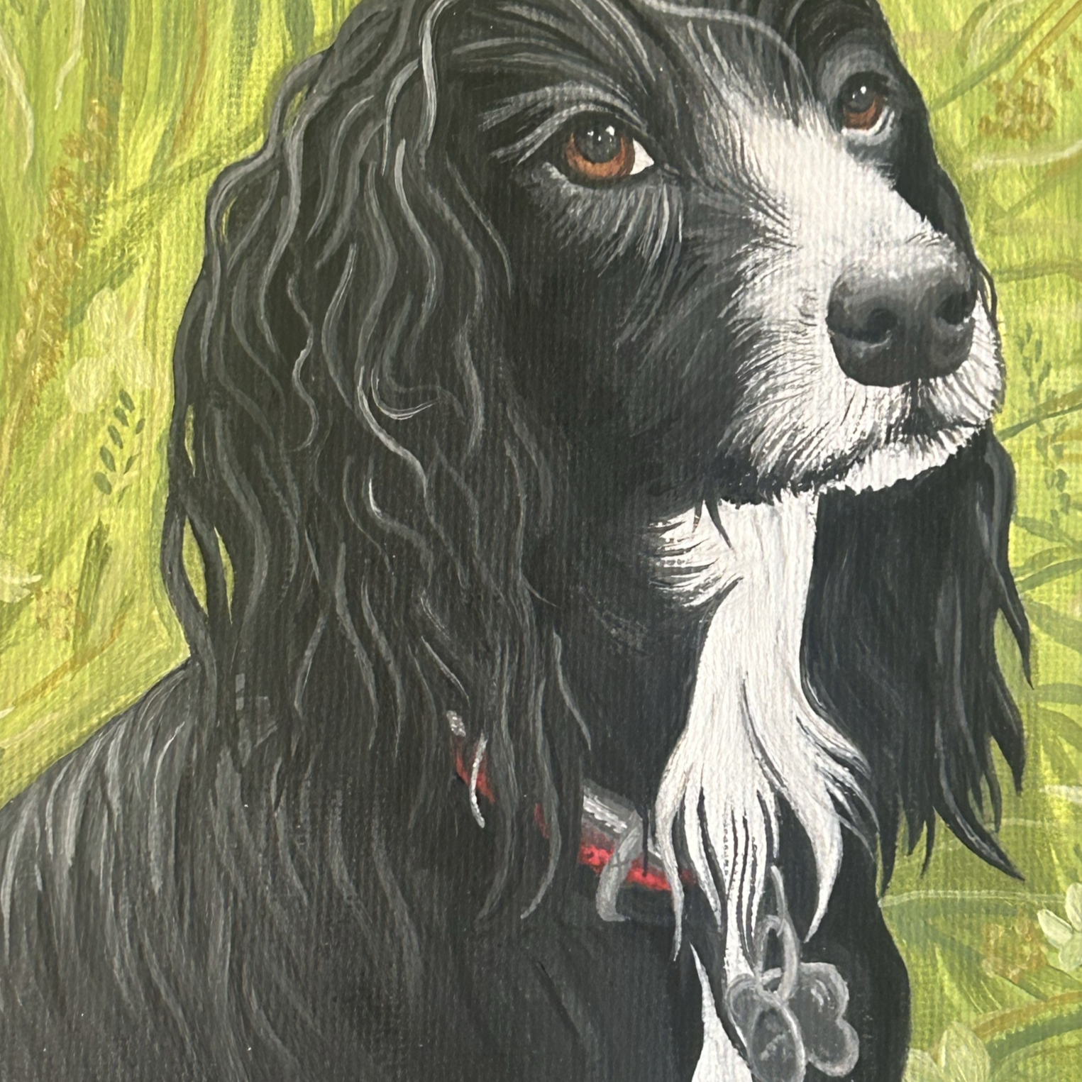 Detailed oil painting of a black and white dog