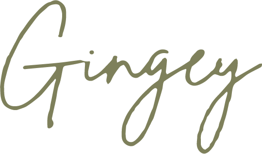 The word 'Gingy' written in a cursive, handwritten style with a dark olive-green color on a black background.