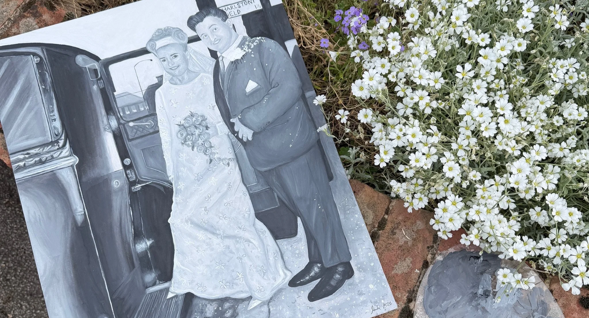 Completed live wedding portrait for UK newlyweds 