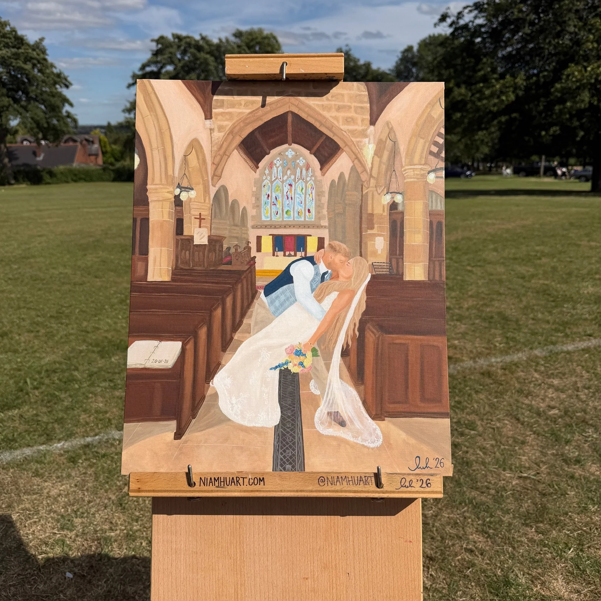 Live wedding painting of a couple at Wooley church in Yorkshire