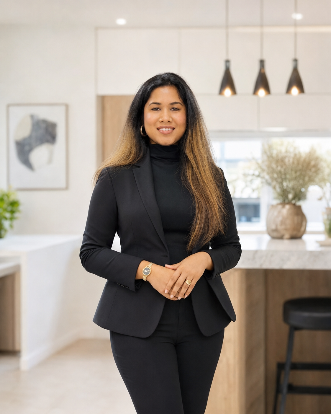 A woman in a black suit standing in a modern interior space with plants and artwork in the background.