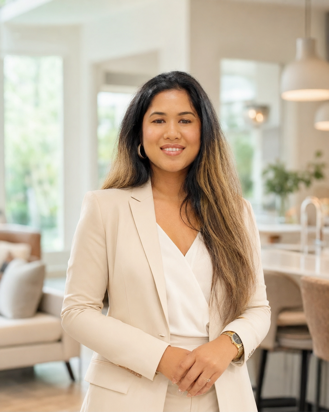 A woman with long hair wearing a beige suit and white blouse, smiling in a bright, modern living space with large windows and plants.