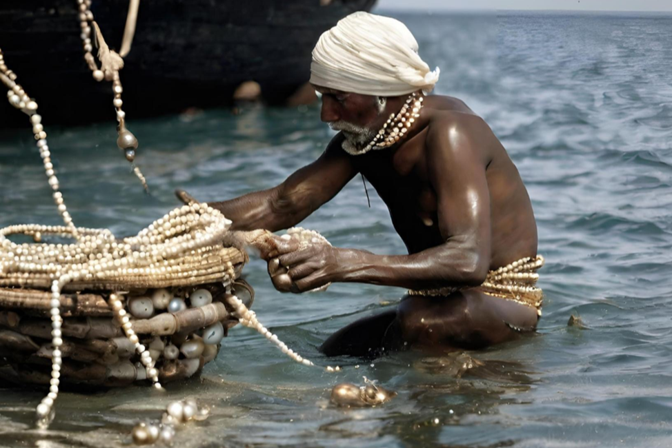 An elderly man with dark skin, wearing a white headscarf and pearl jewelry, is sitting in shallow water and working with strings of pearls near a boat.