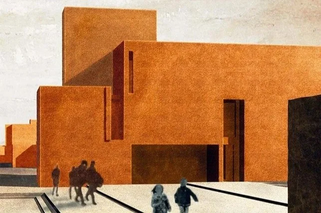 Modern orange brick building with large rectangular shapes and narrow vertical windows, with people walking in front, some with luggage, on a sunny day.
