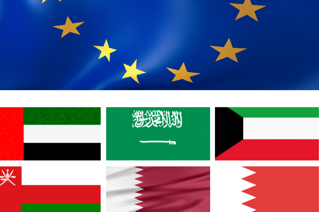A collage of flags including the European Union flag at the top, and flags of the UAE, Saudi Arabia, Kuwait, Oman, Bahrain, and Qatar at the bottom.