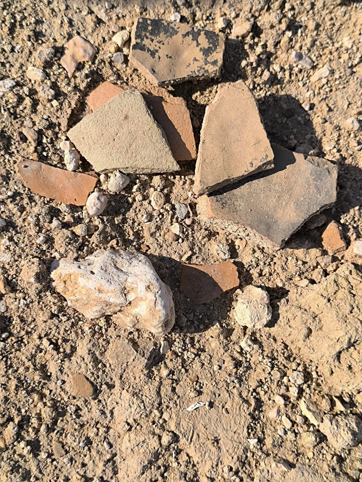 Collection of pottery fragments on a sandy, rocky ground.