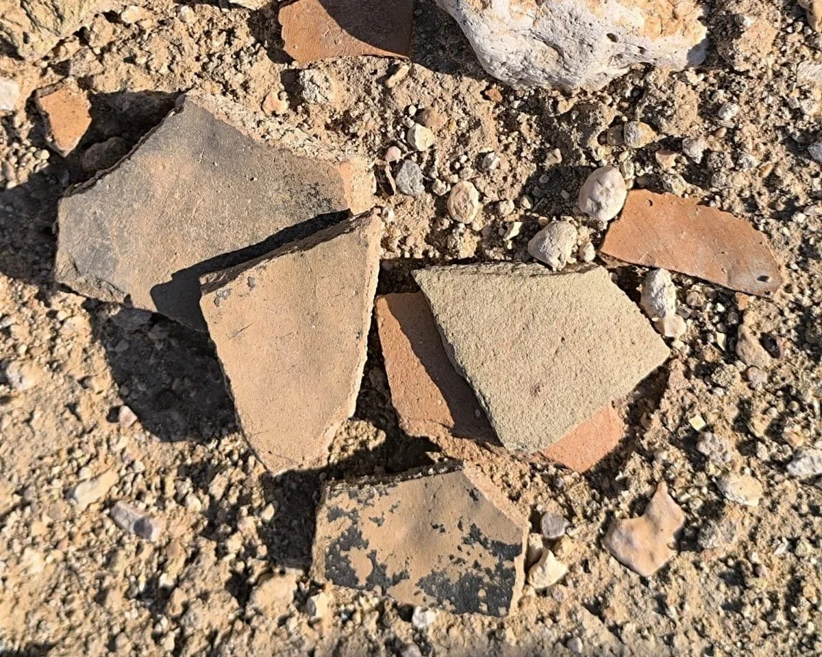 Close-up of broken pieces of pottery on sandy ground.