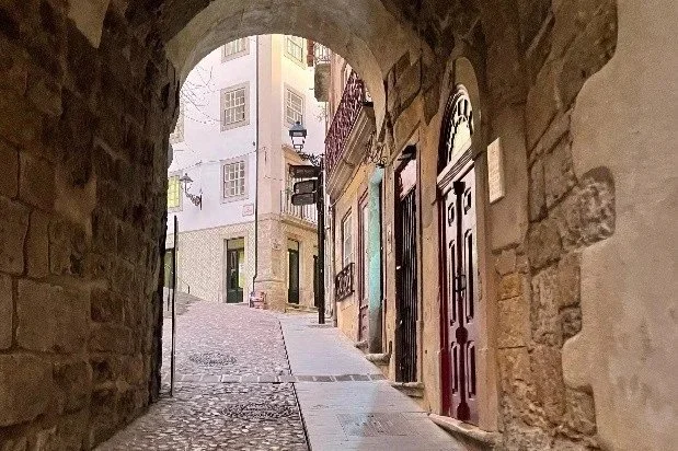 A narrow cobblestone alleyway in a historic neighborhood, framed by a stone arch, with colorful European-style buildings and closed doors on either side.