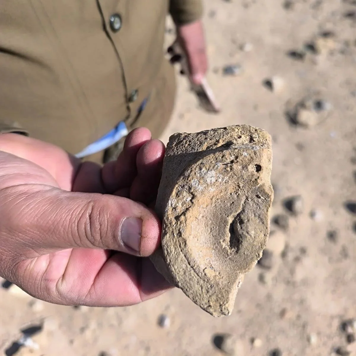 Close-up of a hand holding a pottery fragment with the holder's torso in the background along with sandy terrain.
