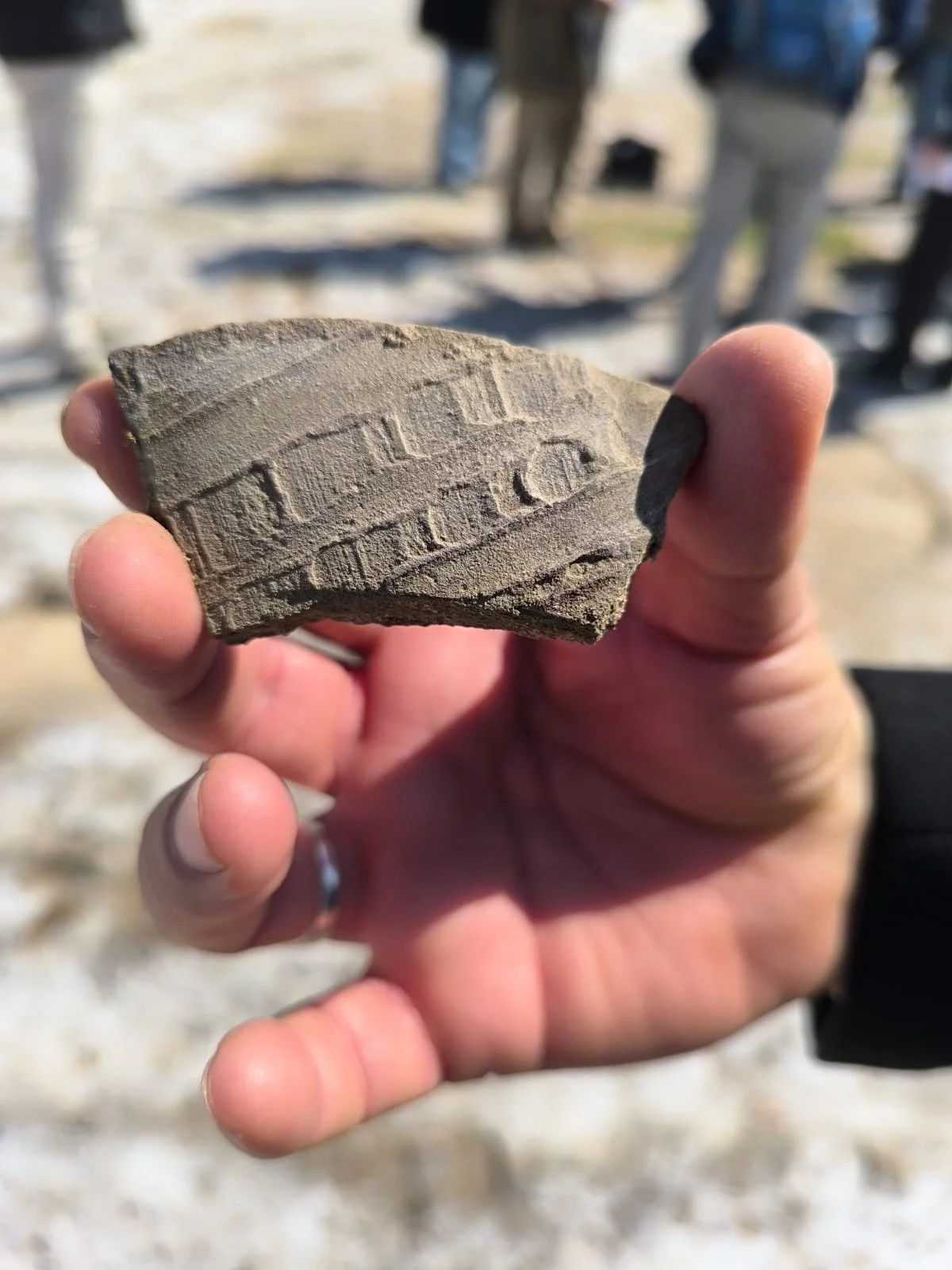 Close-up of a person holding a pottery fragment.