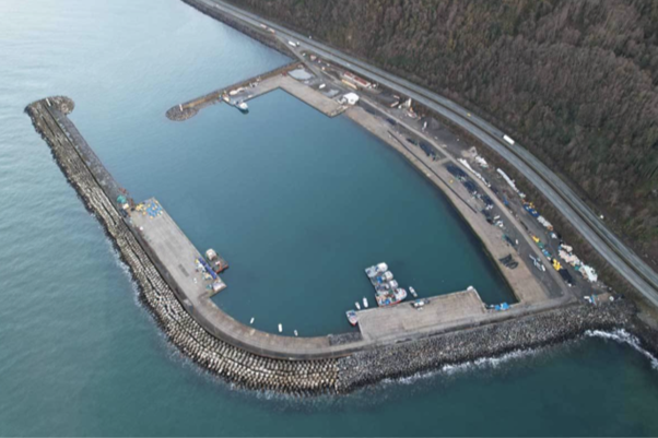 Aerial view of a harbor with a breakwater, boats, and surrounding shoreline with hills.