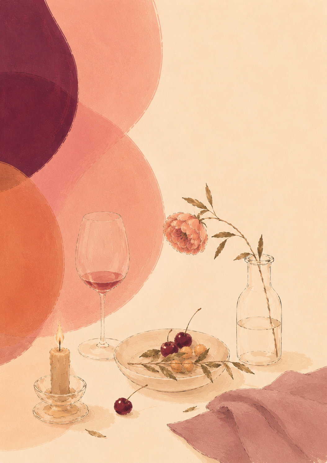 Illustration of candle, wine glass, and flower in a quiet evening scene