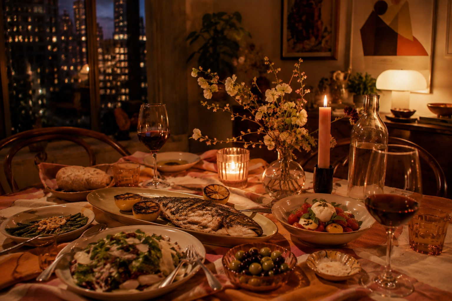 Candlelit dinner table in a city apartment at night