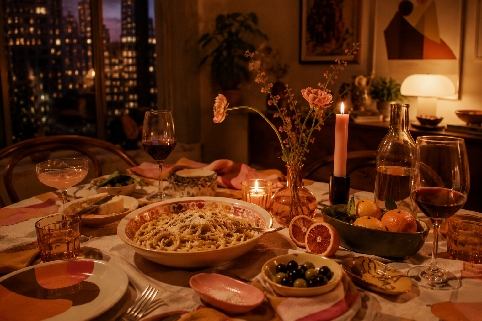Candlelit dinner table in a city apartment at night