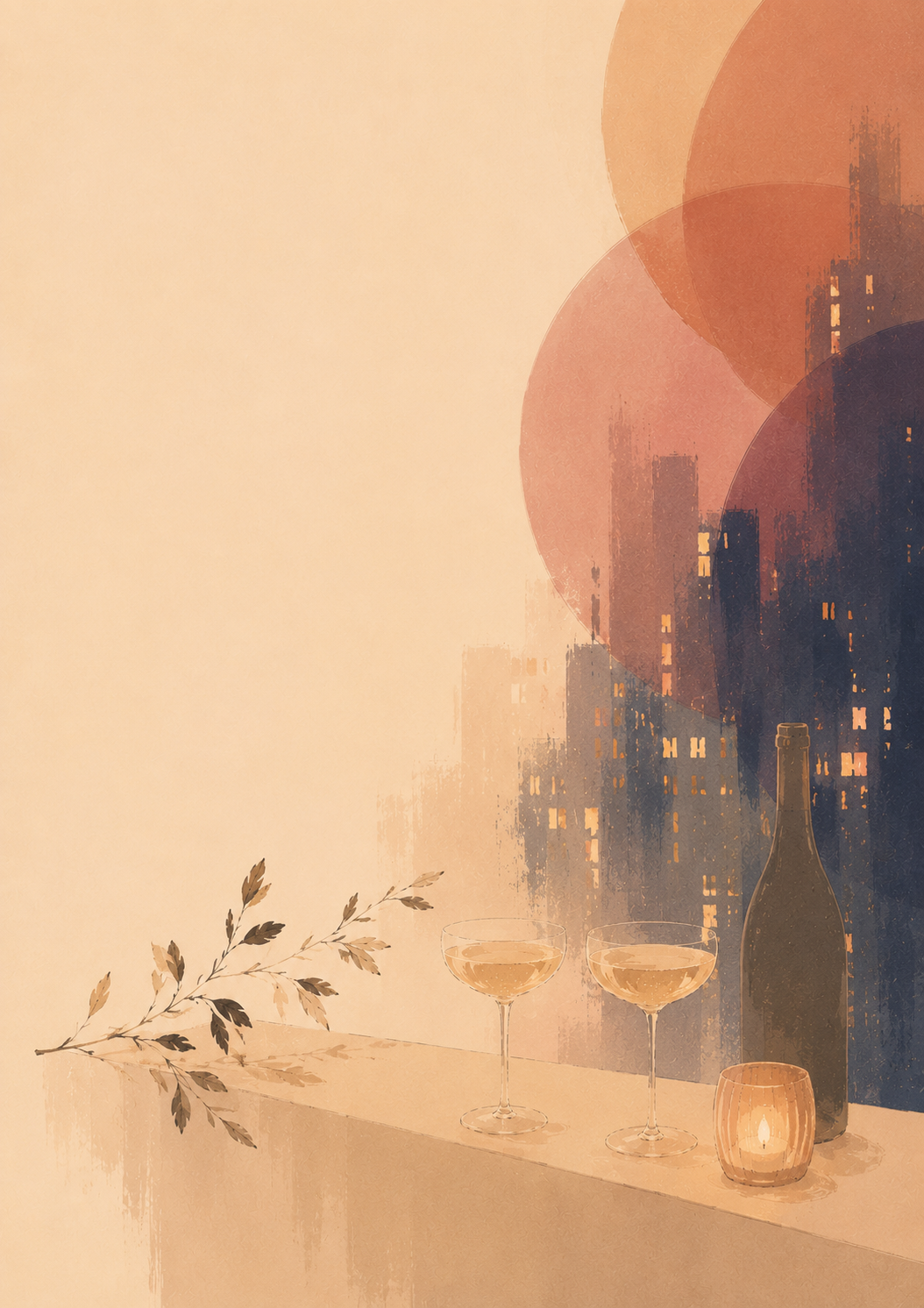 Painterly evening illustration with glasses, candle, bottle, and city skyline