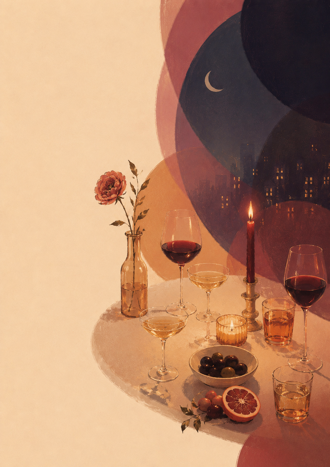 Warm dinner gathering with flowers, candles, and city lights