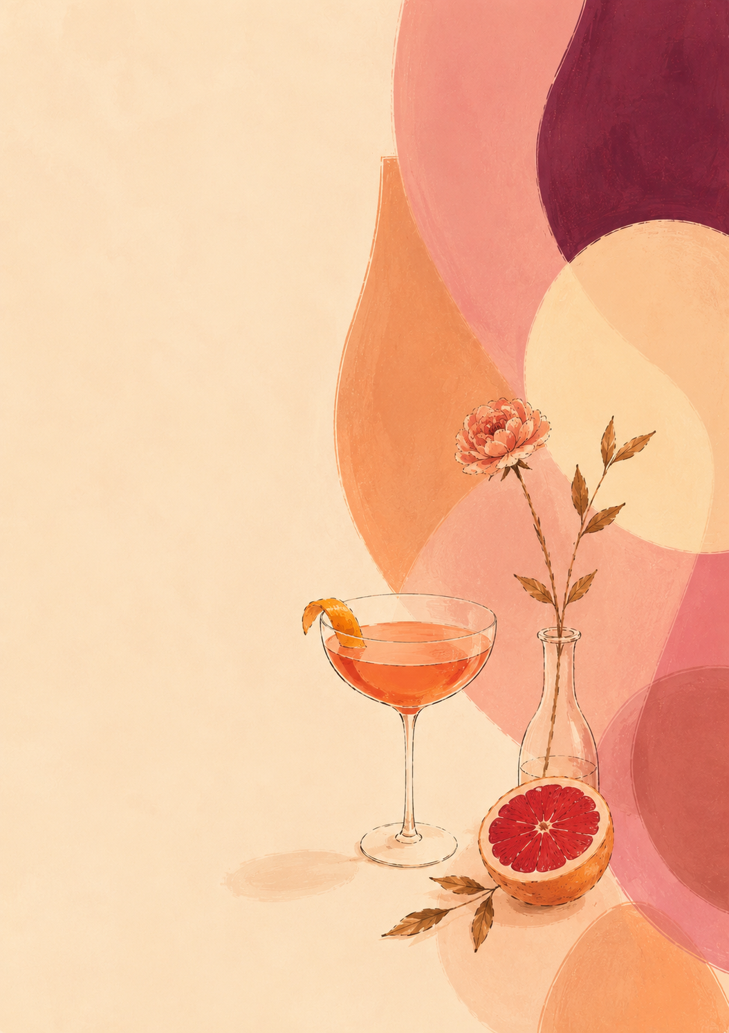 Illustration of a cocktail glass and citrus in warm evening tones
