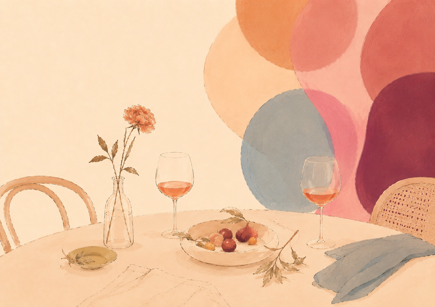 Illustration of shared glasses and table setting in warm evening light