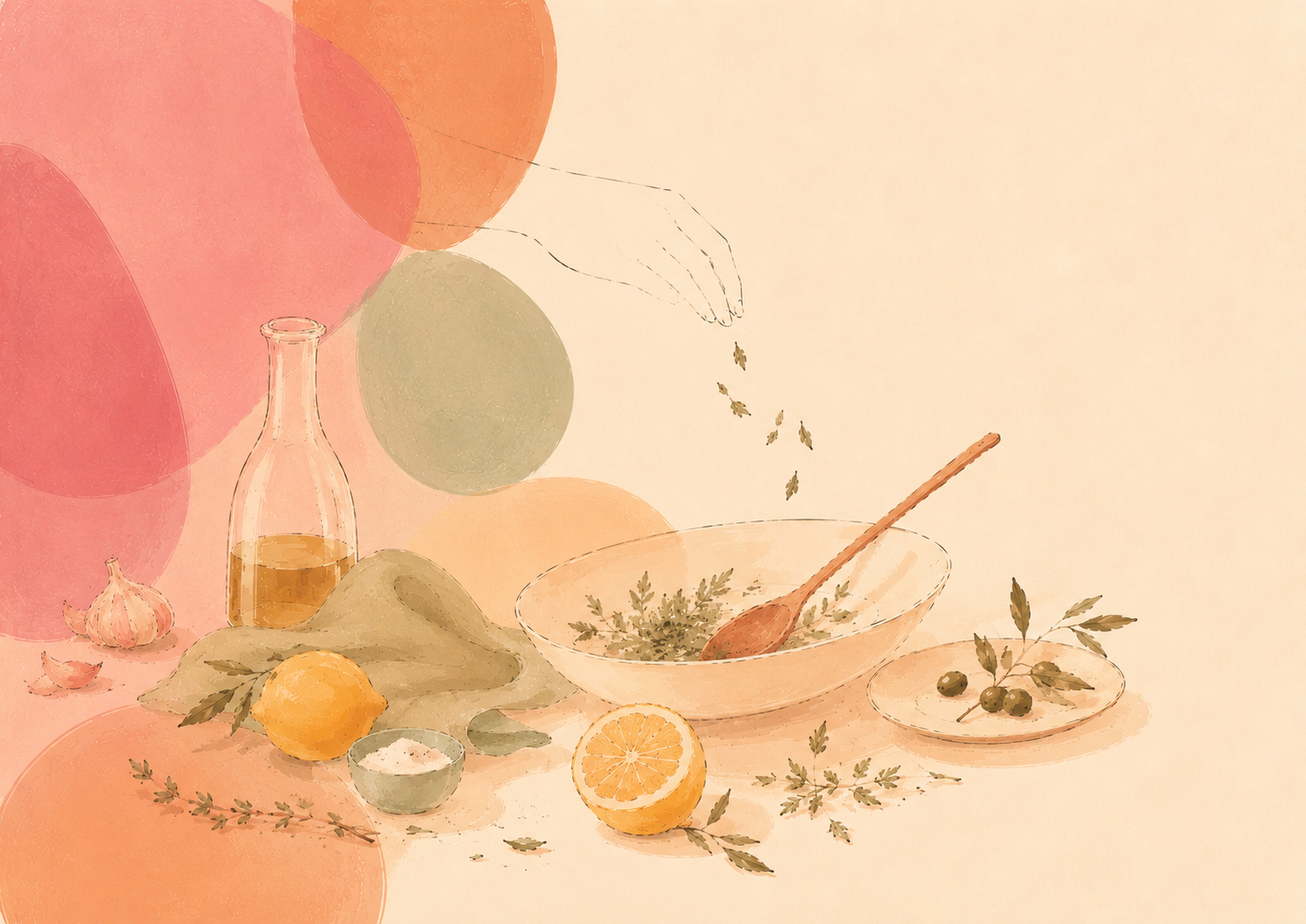 Illustration of ingredients, herbs, and a spoon in soft painterly tones