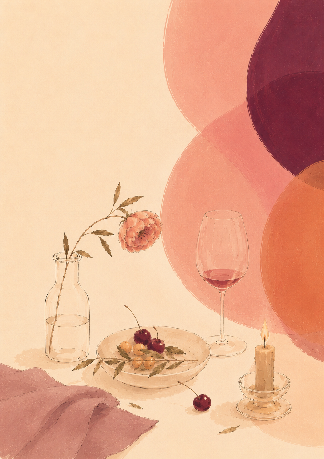 Painterly Lifealicious illustration with wine glass, candle, flower, and dinner plate