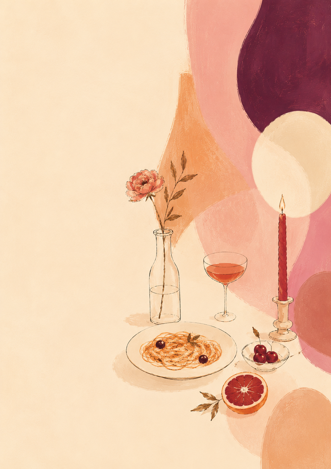 Nighttime illustration with glasses and candle in painterly abstract style