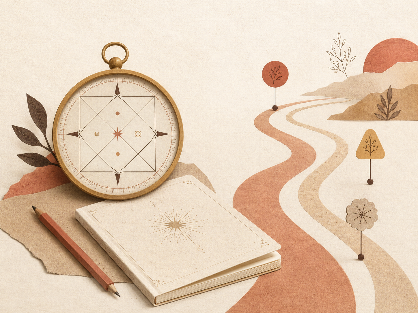 Reloj de bolsillo de madera, cuaderno con dibujo de una estrella, pluma y fondo con caminos y árboles en tonos tierra, estilo ilustración.