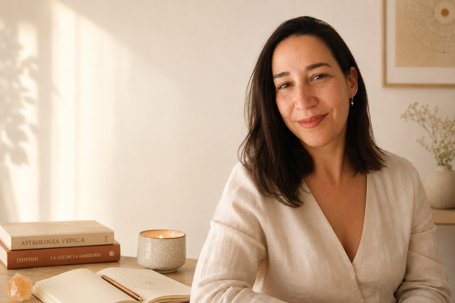 Mujer de cabello oscuro y sonrisa suave, en un ambiente cálido con libros, vela y plantas, en un espacio de interior con luz natural.